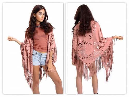 FAUX SUEDE LASER CUT FRINGE CAPE - DUSKY PINK