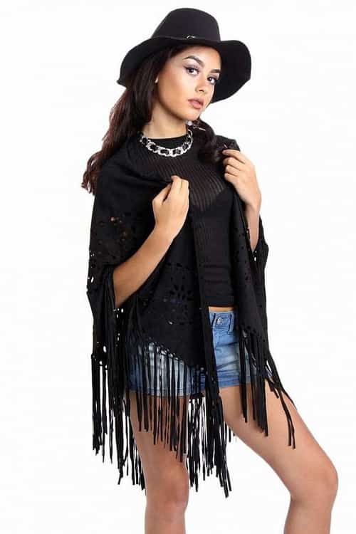 FAUX SUEDE LASER CUT FRINGE CAPE - BLACK
