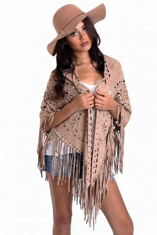 FAUX SUEDE LASER CUT FRINGE CAPE - BEIGE