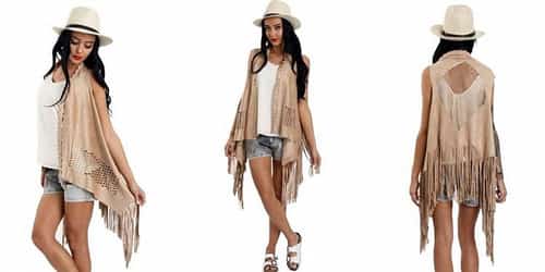 LASER CUT FAUX SUEDE WATERFALL FRINGED WAISTCOAT - BEIGE