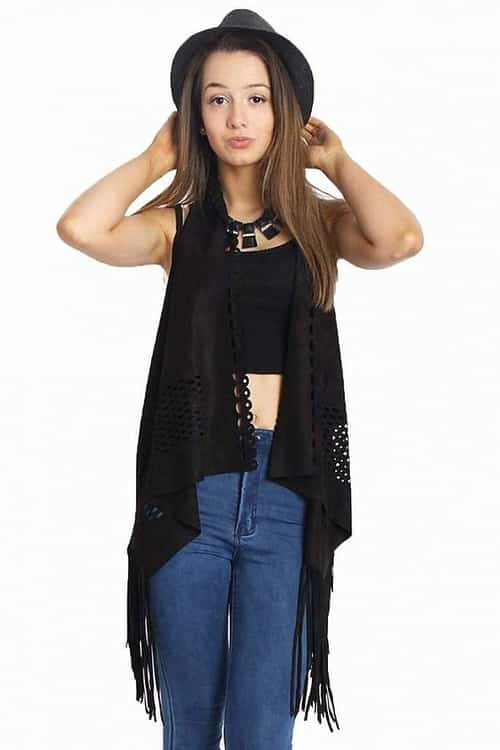 LASER CUT FAUX SUEDE WATERFALL FRINGED WAISTCOAT - BLACK