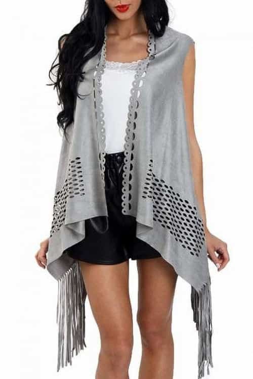 LASER CUT FAUX SUEDE WATERFALL FRINGED WAISTCOAT - GREY