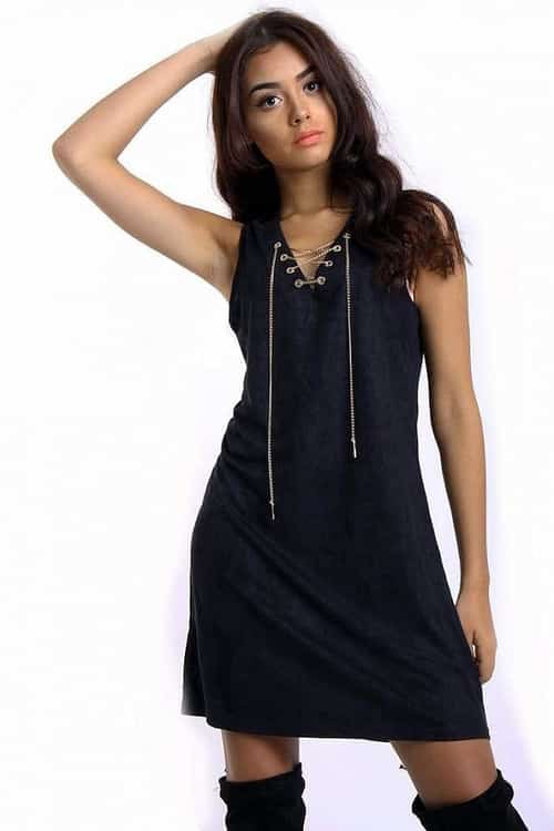 FAUX SUEDE CHAIN LACE UP FESTIVAL MINI DRESS - BLACK