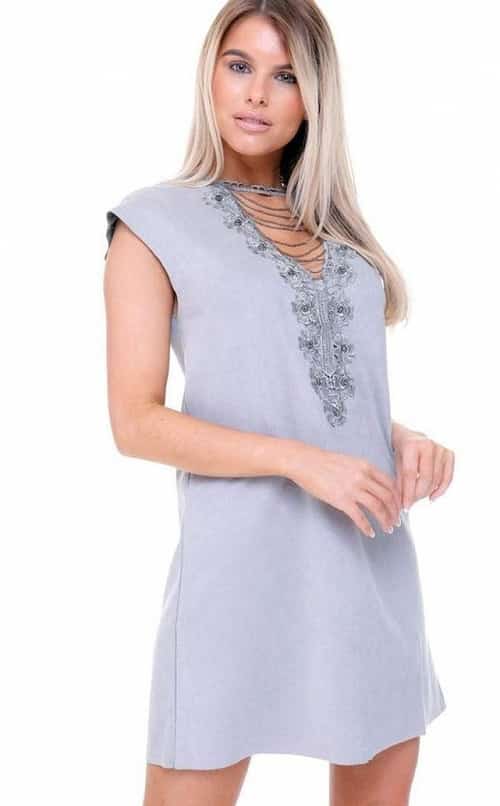 Blue - Faux Suede A- Line Swing 60's Style Capped Beaded Neck Sleeve Dress