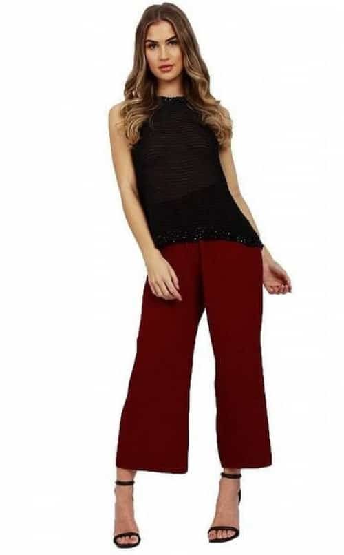 BURGUNDY FULL LENGTH THICK ELASTICATED HIGH WAIST PLEATED CULOTTE TROUSER