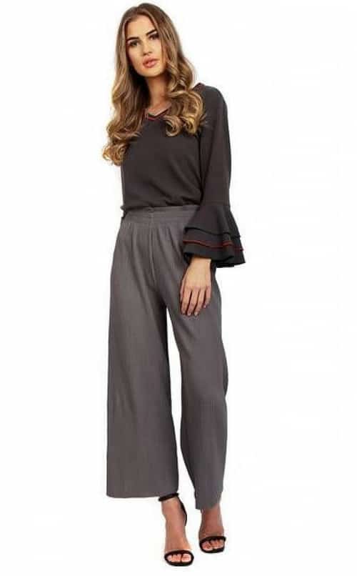 GREY FULL LENGTH THICK ELASTICATED HIGH WAIST PLEATED CULOTTE TROUSER
