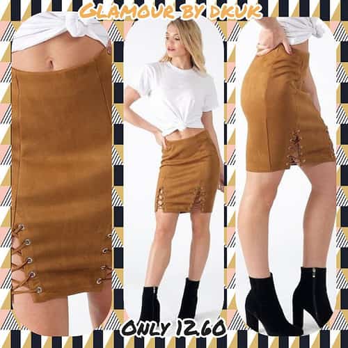 TAN SUEDETTE LACE DETAIL SKIRT