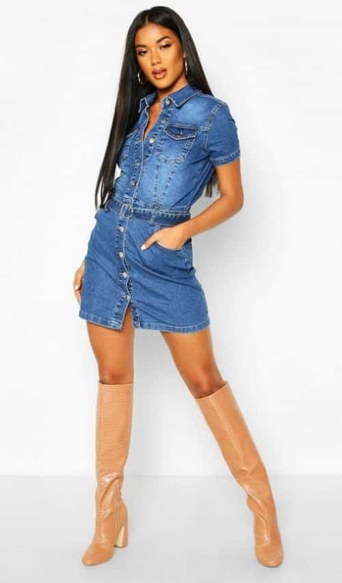 46% OFF - Denim Belted Short Sleeve Dress