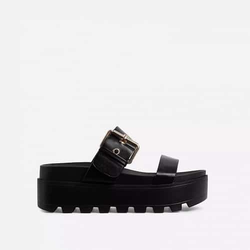 SALE - Aliki Chunky Sole Buckle Detail Sandal In Black Faux Leather!