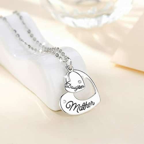 Mother and Daughter Necklace, Bithstone Double Heart 925 Sterling Silver Pendant