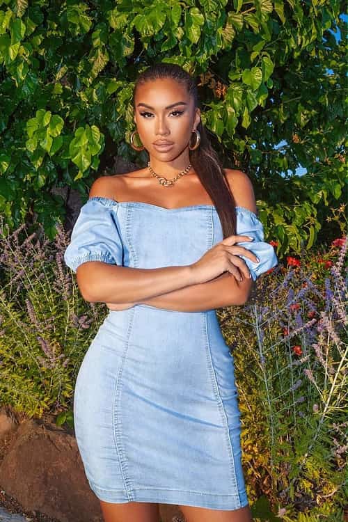 20% OFF - LIGHT BLUE BARDOT DENIM FRONT RUCHED DETAIL BODYCON MINI DRESS!