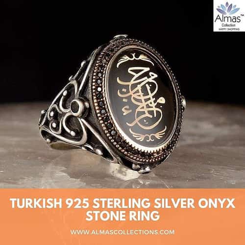 Silver Edep Ya Hu Ring |Turkish Onyx Stone Ring | Almas Collections |