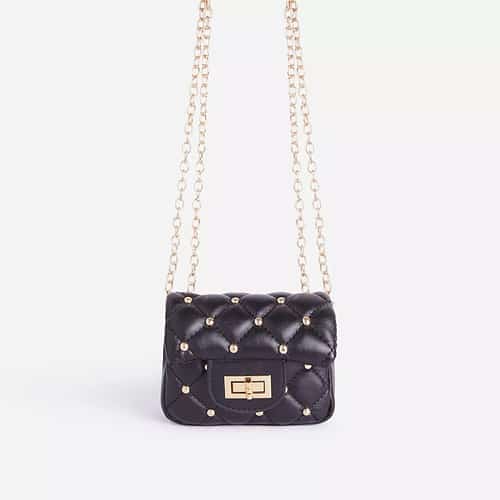 SALE - Birdy Studded Detail Quilted Mini Bag In Black Faux Leather