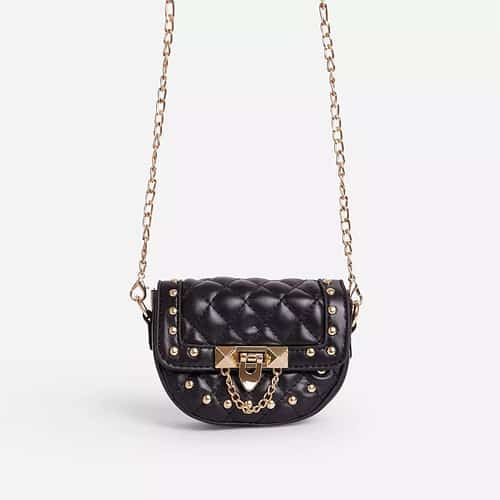 SALE - Prettie Studded Detail Quilted Mini Cross Body Bag In Black Faux Leather!