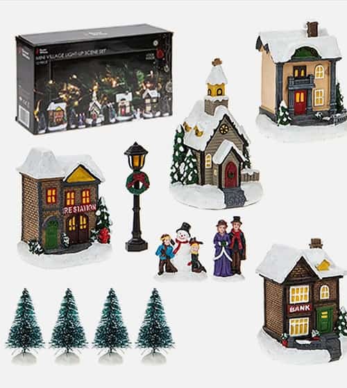 Christmas LED Light up Village Scene Battery Operated - Mini 12 Piece Village