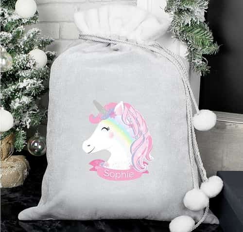 Personalised Christmas Unicorn Luxury Silver Grey Pom Pom Sack