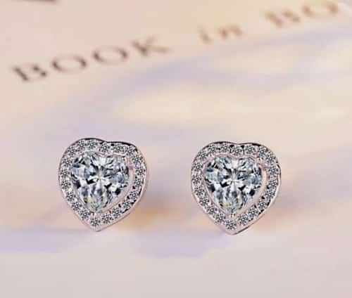 Heart Crystal Stone Stud Earrings 925 Sterling Silver