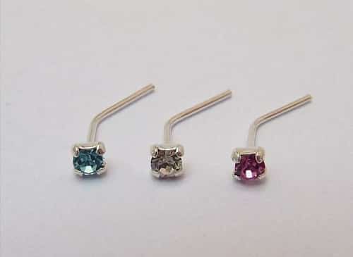 3 Sterling Silver Nose Studs Clear,Aqua,Pink Jewel Claw Set Stud