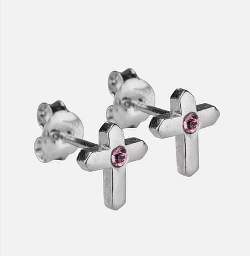 Solid Sterling Silver Cross Design Earrings with Pink cubic zirconi