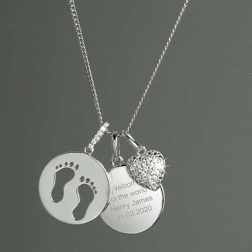 Personalised Sterling Silver Footprints and Cubic Zirconia Heart Necklace