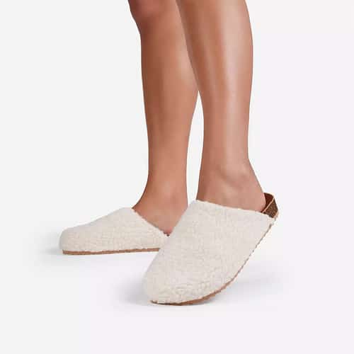 SAVE - Oozy Flat Mule In Off White Faux Shearling