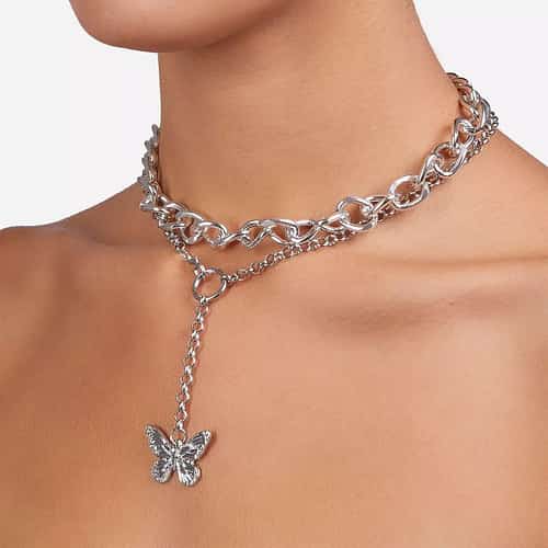 SAVE - Drop Butterfly Detail Chunky Chain Choker In Silver