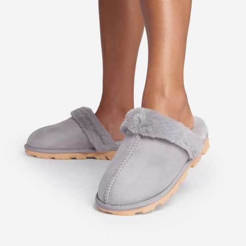 SAVE - Smooch Fluffy Track Sole Slipper In Grey Faux Suede