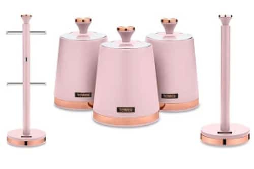 Tower Cavaletto Mug Tree, Towel Pole & 3 Piece Canister Combo Set Marshmallow Pink & Rose Gold
