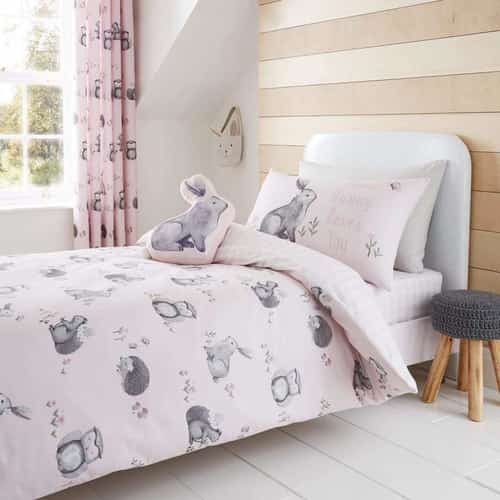 Woodland Friends Gingham Reversible Pink Kids Duvet Cover Set-Single