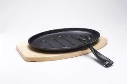 Cast Iron Sizzler Platter Skillet With Wooden Trivet Serving Oval 27X17Cm