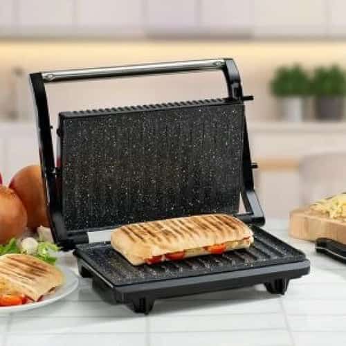180 Degree Mini Panini Press with Non-Stick Plates for Easy Clean 750W Silver Free Postage