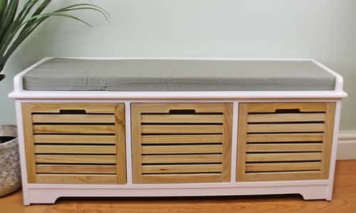 White & Natural 3 Drawer Storage Bench With Grey Cushion Free Postage