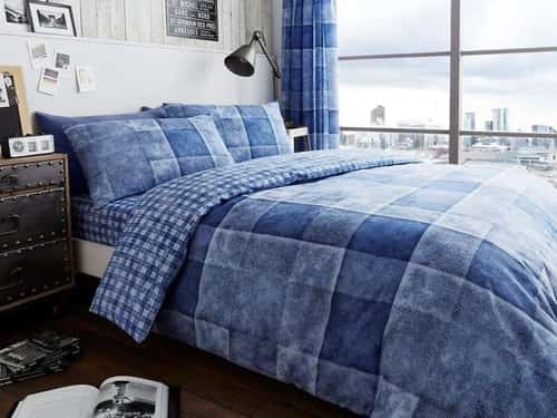 ( Blue) Denim Check Duvet Cover Bedding Set Free Postage