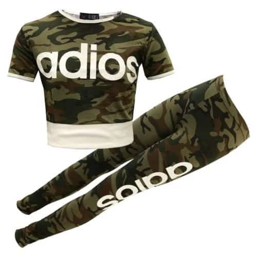 (Camo Green) Girls Adios Crop Top Leggings Camouflage Tracksuit 7-13 Yr Free Postage
