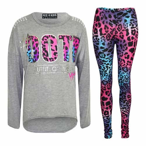(Grey) Kids Girls #OOTD Print Long Sleeves Top & Matching Fashion Legging Set 7-13 Year Free Postage