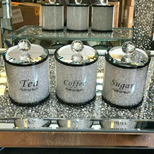 (White / Black Writing) Crushed Diamond Tea Coffee Sugar CANISTERS Free Postage