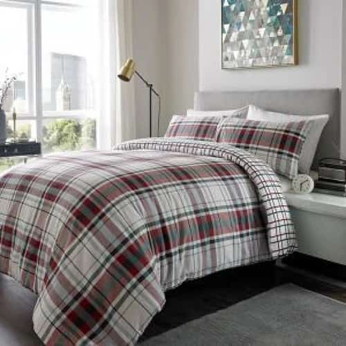 100% Brushed Cotton Duvet Set Check SINGLE WINE RED GREEN Free Postage