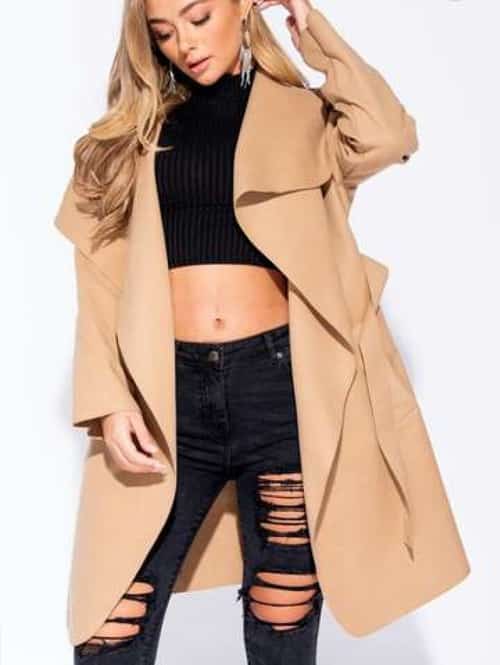 Camel Waterfall Coat Belted Coat - ONE SIZE 8 - 14
