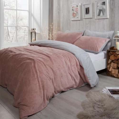 Brentfords Teddy Fleece Duvet Set - Blush Pink And Grey