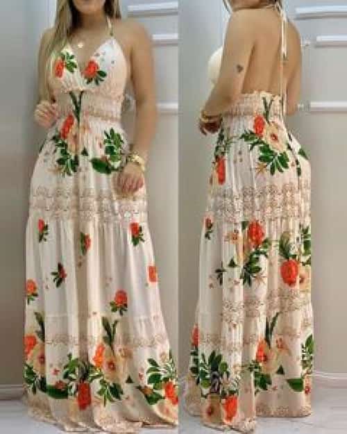 Halter Backless Floral Print Shirring Maxi Dress Free Postage