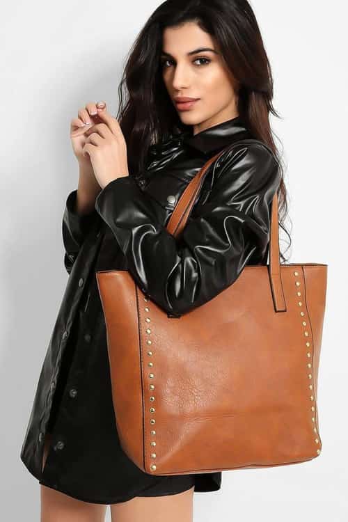 Tan Leather Gold Stud Bag Free Postage