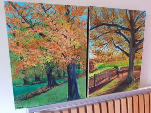 Set of two original paintings ' horse shade" & ' Autumn trees'