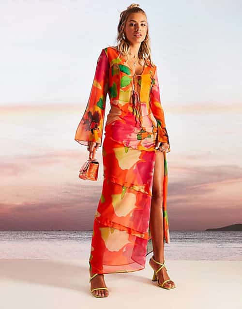 ASOS DESIGN ruffle maxi skirt in bold floral print current price - £30.00!