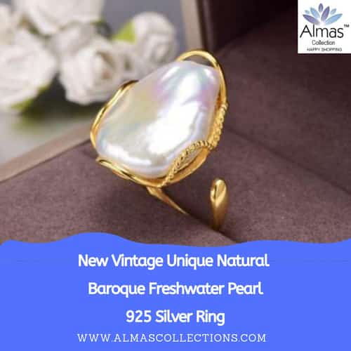 New Vintage Unique Natural Baroque Freshwater Pearl 925 Silver Ring