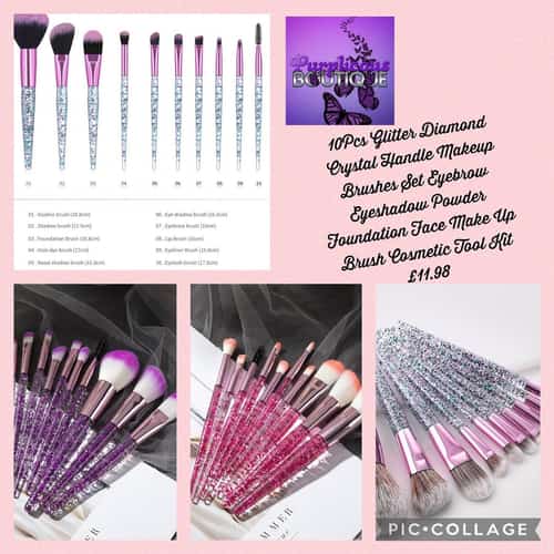 10Pcs Glitter Diamond Crystal Handle Makeup Brushes Set £11.98