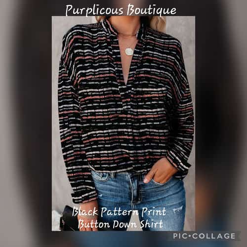 Black Pattern Print Button Down Shirt,