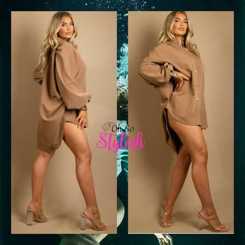 Camel Balloon Sleeve Shirt Dress