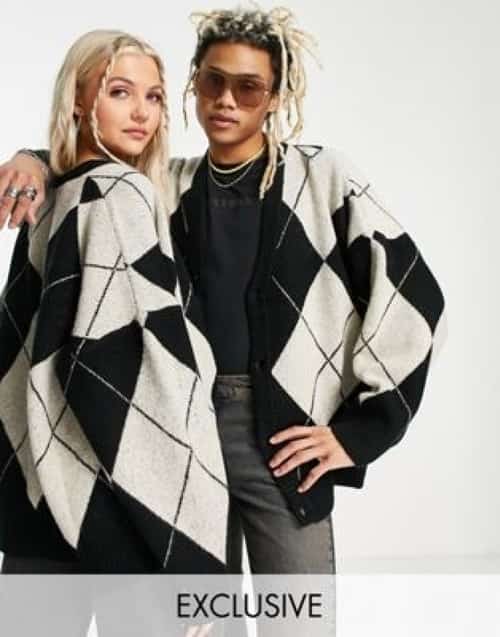 COLLUSION Unisex argle cardigan in black and ecru - £28.99