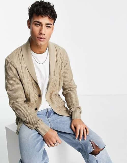 New Look cable front shawl neck cardigan in stone - £23.00!
