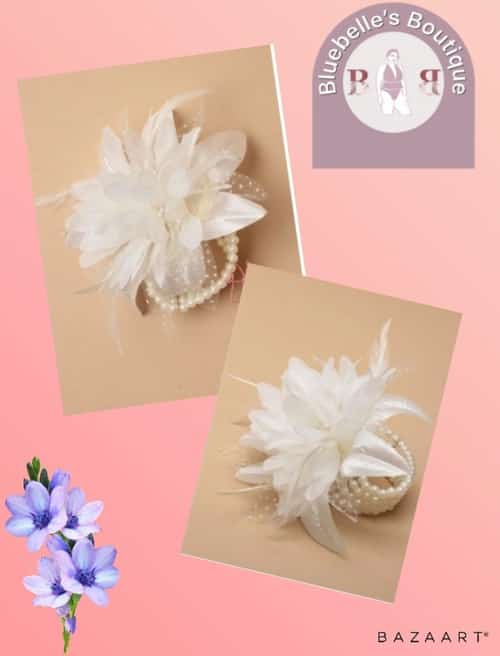 Cream flower corsage on a pearl bead bracelet.